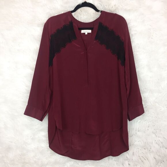 Sandro Burgundy Black Lace Detail Silk Eponyme Blouse - Picture 1 of 8